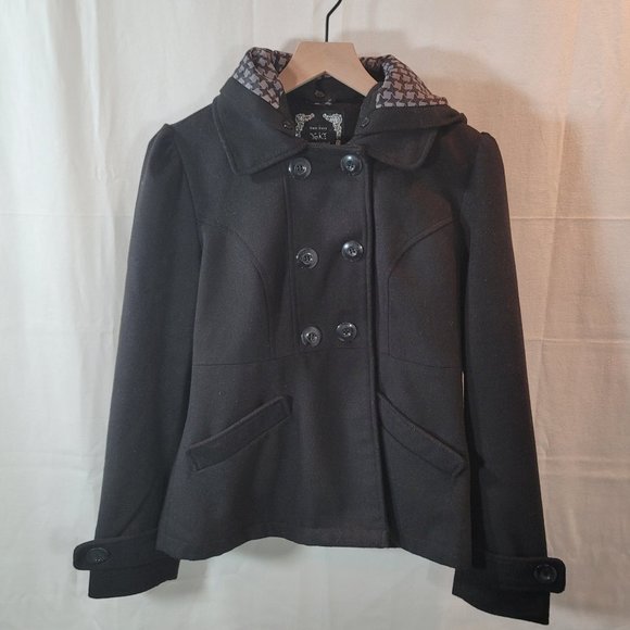 Yoki New York Black Wool Pea Coat Button Jacket w/ Hood - Picture 1 of 11